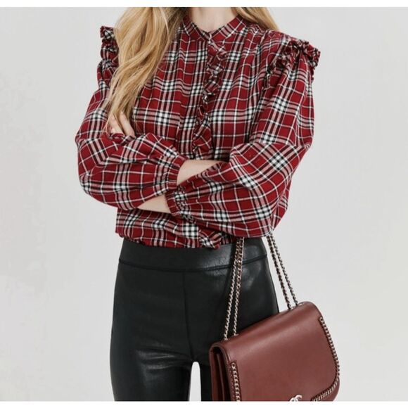 NWT Something Navy Flannel Plaid Ruffle Shirt Sz XL - Picture 1 of 8